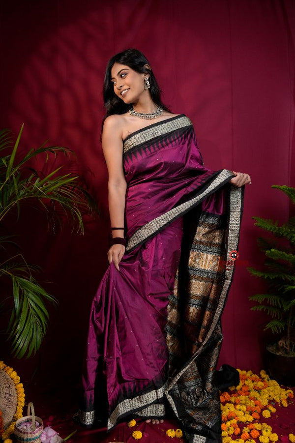 khanduapata Black & Magenta Colour Dot Design Silk Saree For Women