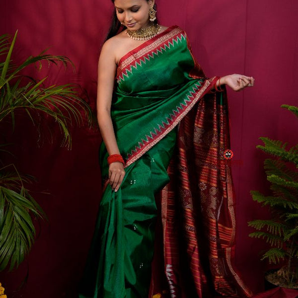 khanduapata Red & Green Colour Dot Design Silk Saree For Women