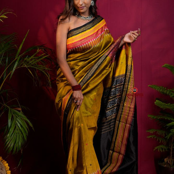 khanduapata Black & Mustard Yellow Multi Colour Dot Design Silk Saree For Women