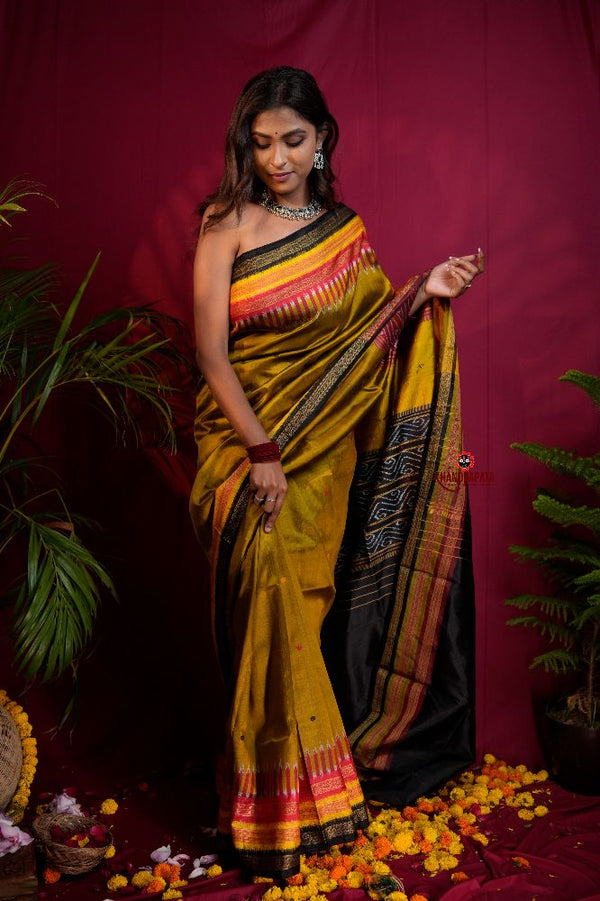khanduapata Black & Mustard Yellow Multi Colour Dot Design Silk Saree For Women