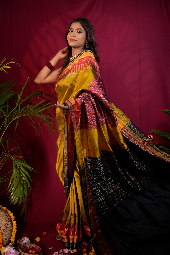 khanduapata Black & Mustard Yellow Multi Colour Dot Design Silk Saree For Women