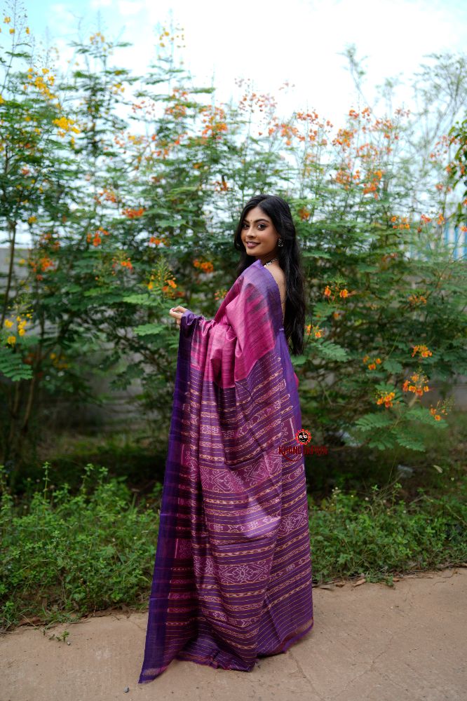 khanduapata Blue & Pink Colour Plain Tussar Silk Saree For Women