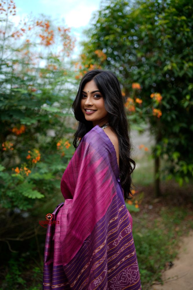 khanduapata Blue & Pink Colour Plain Tussar Silk Saree For Women