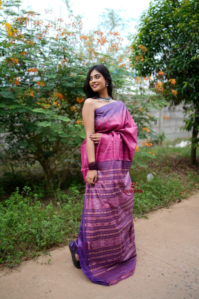 khanduapata Blue & Pink Colour Plain Tussar Silk Saree For Women