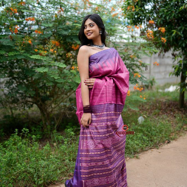 khanduapata Blue & Pink Colour Plain Tussar Silk Saree For Women