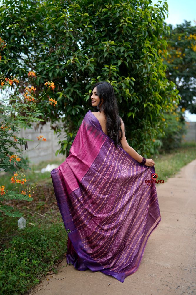 khanduapata Blue & Pink Colour Plain Tussar Silk Saree For Women