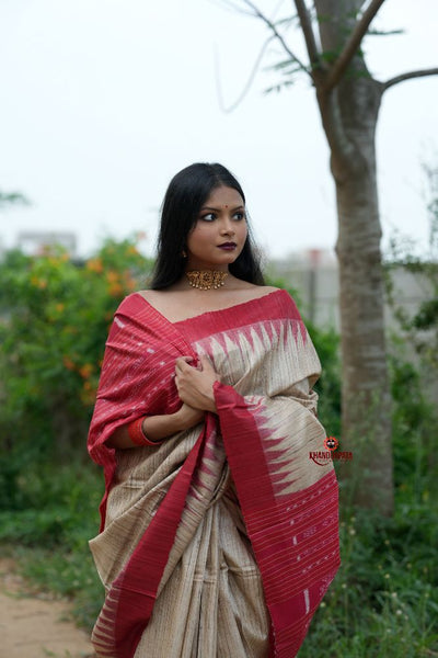 khanduapata Red & Beige Colour Plain Tussar Silk Saree For Women
