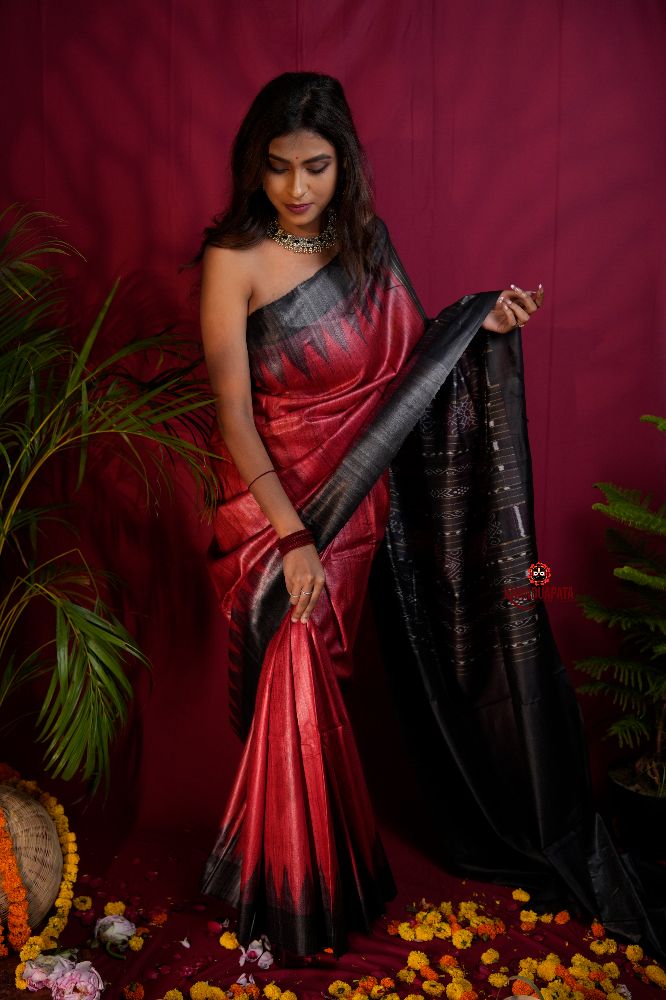 khanduapata Black & Red Colour Plain Tussar Silk Saree For Women