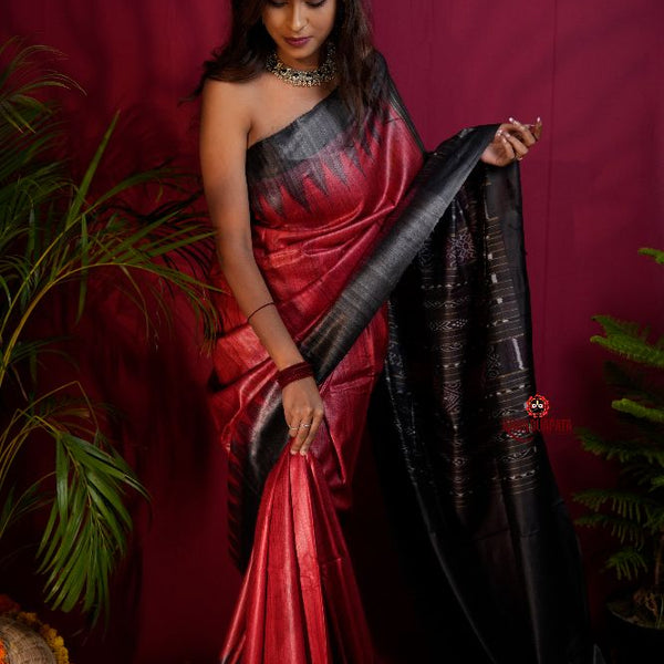 khanduapata Black & Red Colour Plain Tussar Silk Saree For Women