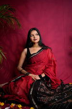 Thumbnail for khanduapata Red & Black Dot Design Cotton Saree For Women - Distacart