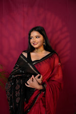 Thumbnail for khanduapata Red & Black Dot Design Cotton Saree For Women - Distacart