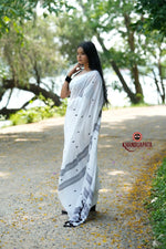 Thumbnail for khanduapata White & Black Leaf Pattern Cotton Saree For Women