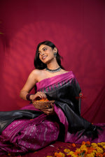Thumbnail for khanduapata Black & Pink Colour Plain Tussar Silk Saree For Women