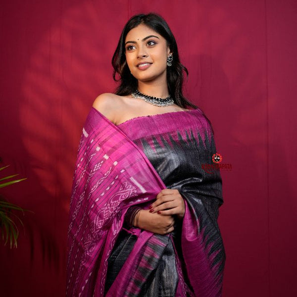 khanduapata Black & Pink Colour Plain Tussar Silk Saree For Women