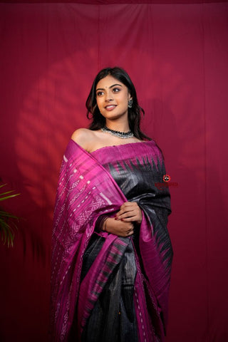 khanduapata Black & Pink Colour Plain Tussar Silk Saree For Women