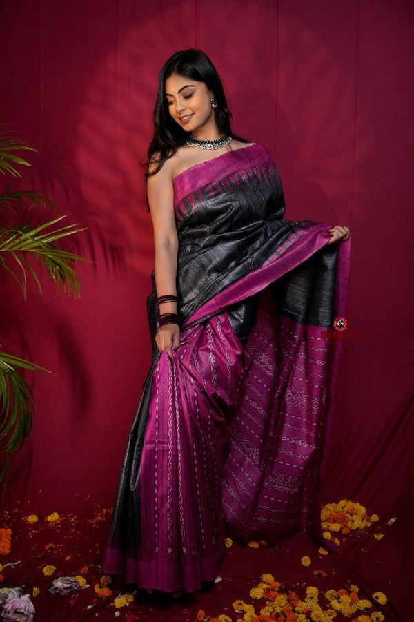 khanduapata Black & Pink Colour Plain Tussar Silk Saree For Women