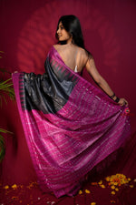Thumbnail for khanduapata Black & Pink Colour Plain Tussar Silk Saree For Women