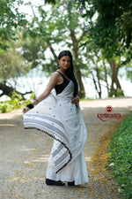 Thumbnail for khanduapata White & Black Leaf Pattern Cotton Saree For Women