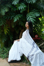 Thumbnail for khanduapata White & Black Leaf Pattern Cotton Saree For Women