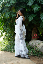 Thumbnail for khanduapata White & Black Leaf Pattern Cotton Saree For Women
