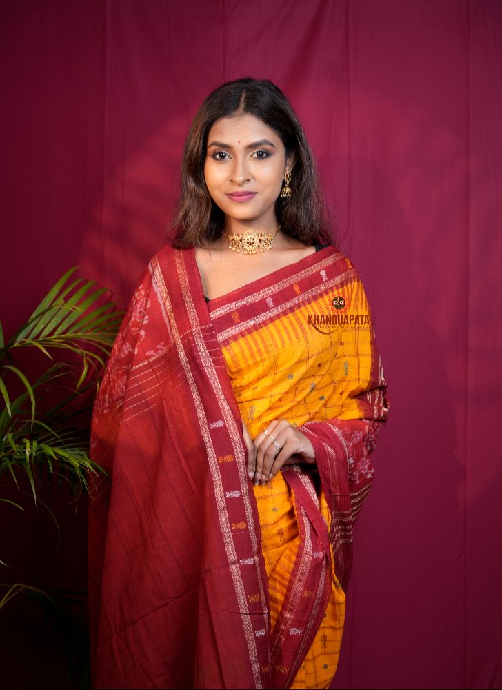 khanduapata Red & Yellow Colour Fish Design Cotton Saree For Women