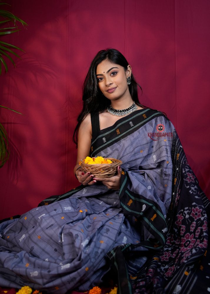 khanduapata Grey & Black Colour Fish Design Cotton Saree For Women - Distacart