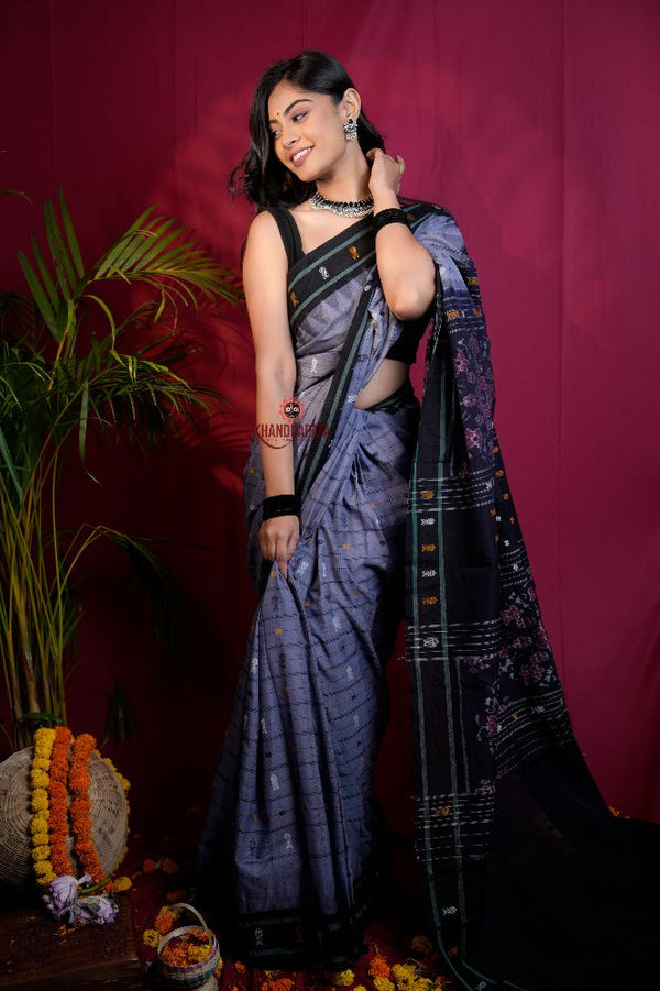khanduapata Grey & Black Colour Fish Design Cotton Saree For Women