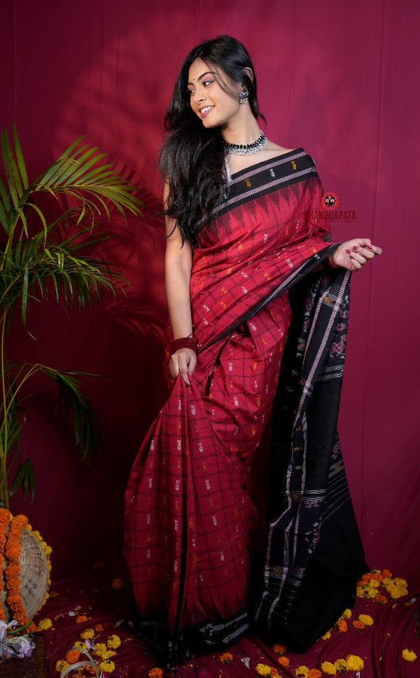 khanduapata Red & Black Colour Fish Design Cotton Saree For Women