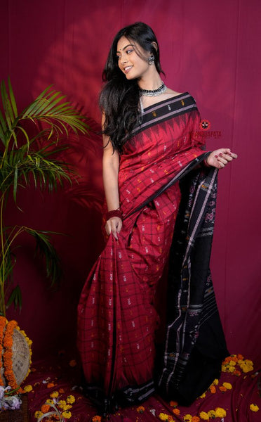 khanduapata Red & Black Colour Fish Design Cotton Saree For Women