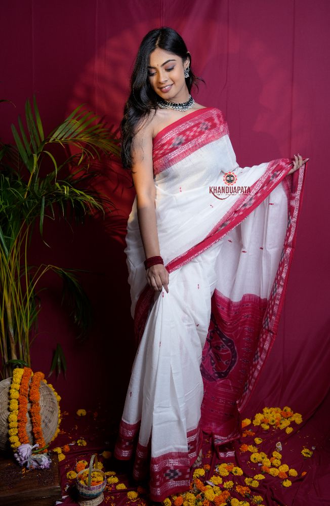 khanduapata White & Red Double Border Design Cotton Saree For Women