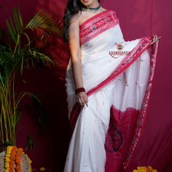 khanduapata White & Red Double Border Design Cotton Saree For Women - Distacart
