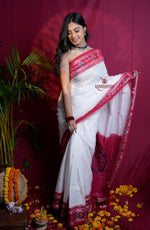 Thumbnail for khanduapata White & Red Double Border Design Cotton Saree For Women