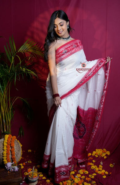 khanduapata White & Red Double Border Design Cotton Saree For Women