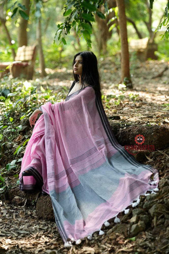 khanduapata Pink and Black Colour Plain Cotton Saree For Women