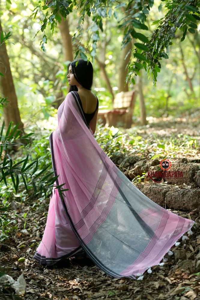 khanduapata Pink and Black Colour Plain Cotton Saree For Women