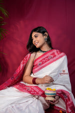 Thumbnail for khanduapata White & Red Double Border Design Cotton Saree For Women