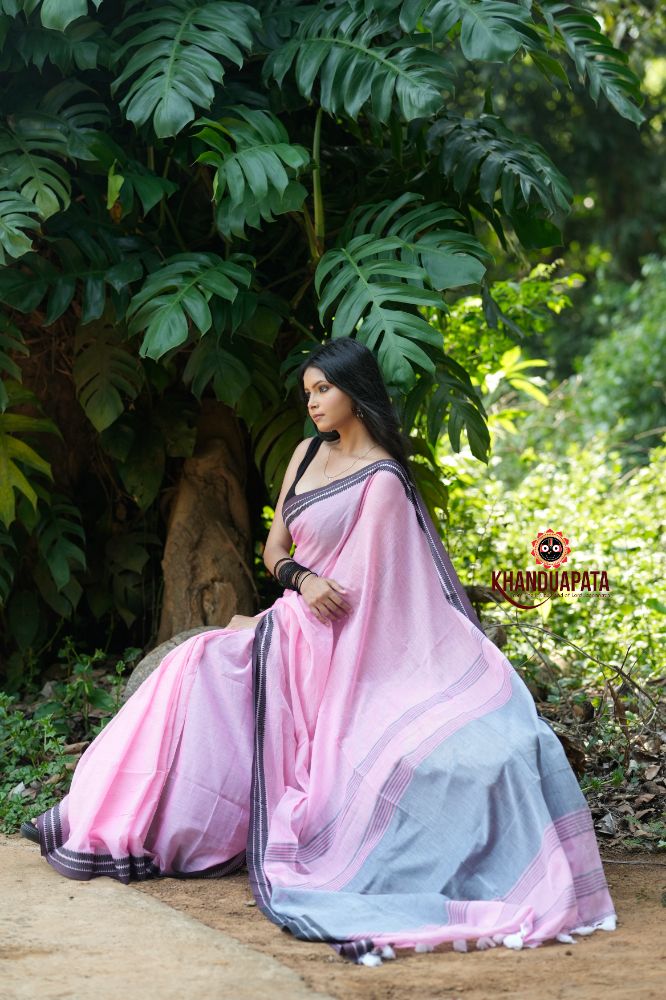 khanduapata Pink and Black Colour Plain Cotton Saree For Women