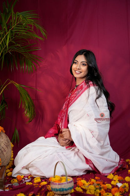 khanduapata White & Red Double Border Design Cotton Saree For Women - Distacart