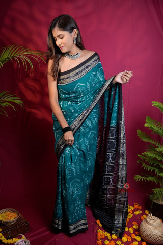 khanduapata Black & Turquoise Blue Colour Tribal Design Cotton Saree For Women