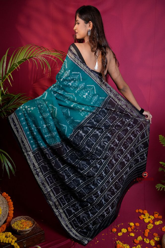 khanduapata Black & Turquoise Blue Colour Tribal Design Cotton Saree For Women
