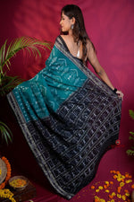 Thumbnail for khanduapata Black & Turquoise Blue Colour Tribal Design Cotton Saree For Women