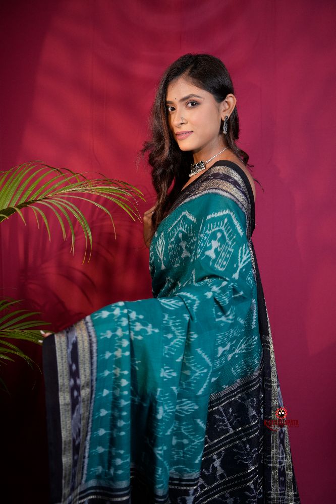 khanduapata Black & Turquoise Blue Colour Tribal Design Cotton Saree For Women