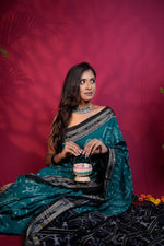 Thumbnail for khanduapata Black & Turquoise Blue Colour Tribal Design Cotton Saree For Women