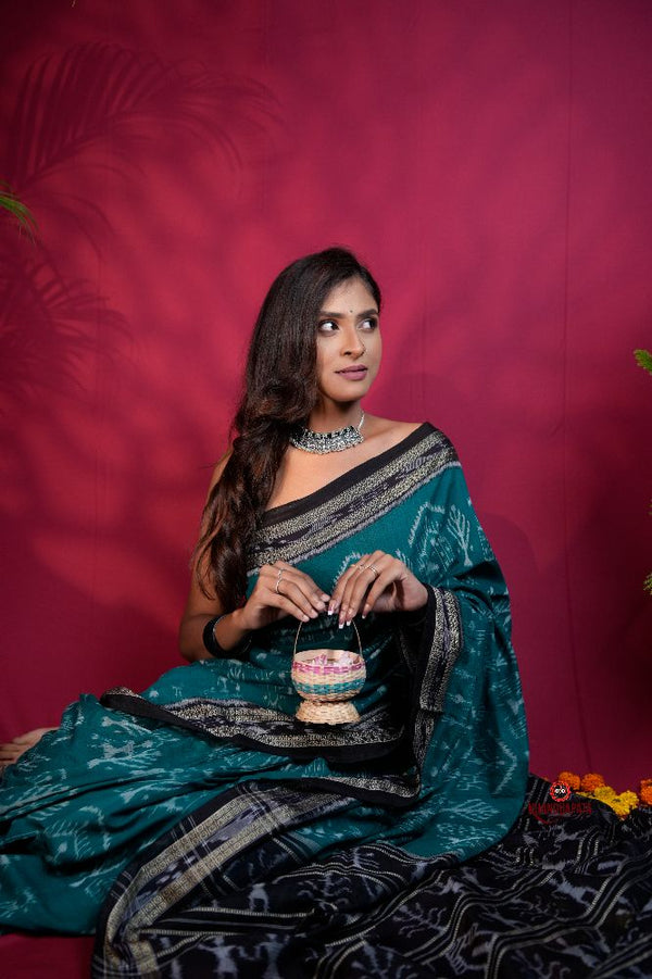 khanduapata Black & Turquoise Blue Colour Tribal Design Cotton Saree For Women