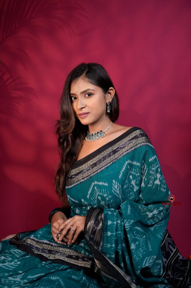 khanduapata Black & Turquoise Blue Colour Tribal Design Cotton Saree For Women