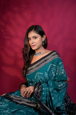 Thumbnail for khanduapata Black & Turquoise Blue Colour Tribal Design Cotton Saree For Women