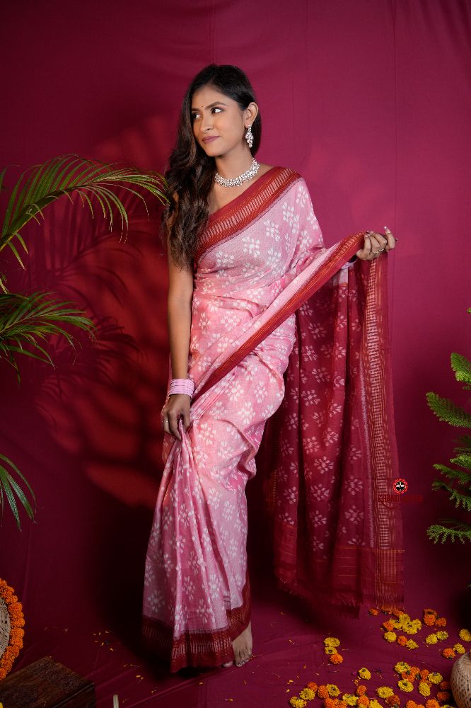 khanduapata Pink & Red Colour Body Design Cotton Saree For Women
