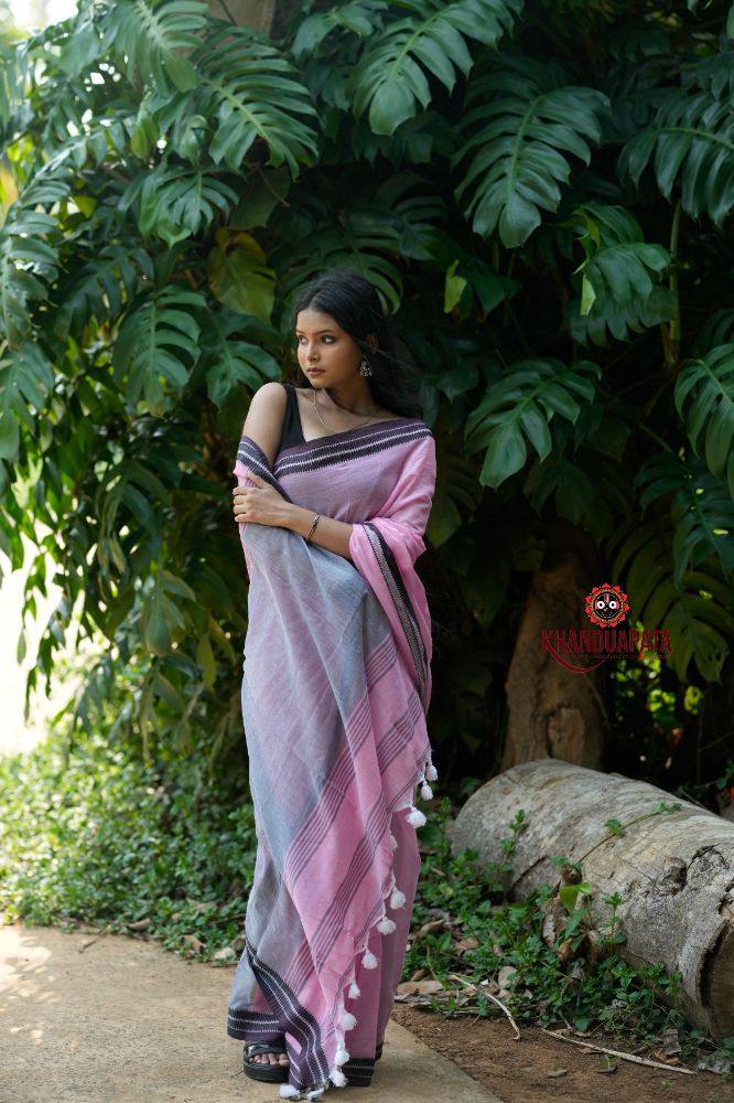 khanduapata Pink and Black Colour Plain Cotton Saree For Women