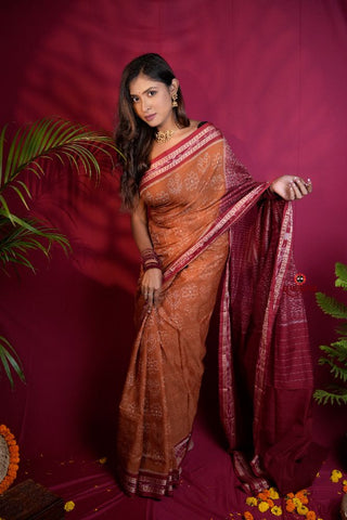 khanduapata Brown & Maroon Colour Body Design Cotton Saree For Women