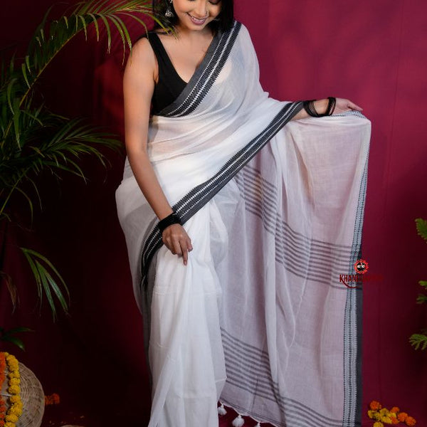 khanduapata White and Black Colour Plain Cotton Saree For Women - Distacart